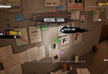 Dead Island 2 screenshot showing a board of missing persons posters, including a highlighted one with a glowing aura 