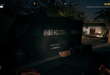 Dead Island 2 Screenshot Showing an abandoned mail truck in an LA street at night. 