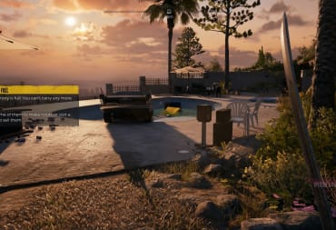 Dead Island 2 Screenshot depicting pool with crashed classic car inside while the sun sets in the background. 