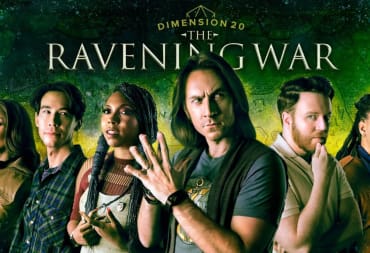 The promotional artwork for Dimension20 The Ravening War showing the logo, DM Matt Mercer, and five players