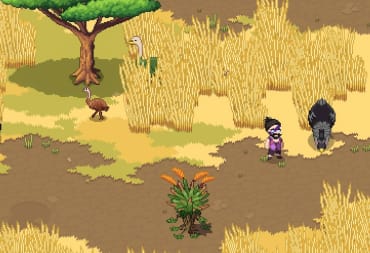 How to Get a Mount in Roots of Pacha - Cover Image Player Character Standing in the Savannah Near an Ostrich Herd