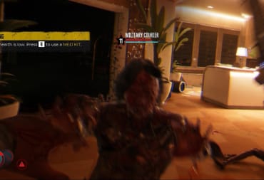Dead Island 2 screenshot showing a zombie running at the screen with a nameplate reading "military courier"