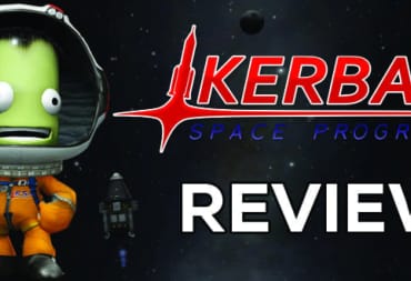 Artwork showing a green-skinned, bug-eyed cartoon character in an orange space suit with a space backdrop. To the right Kerbal Space Program is written at the top of the imave, and the word review in a plain white font. 