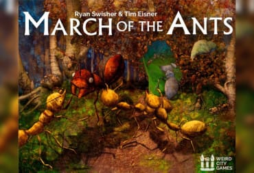 March of the Ants Boardgame COver Art depicting several large ants exploring an abstract woodland location with autumnal colors