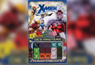 Marvel Dice Masters Uncanny X-Men Box with comic-style art of verious xmen characters and several multi-colored dice visible through a plastic window at the bottom