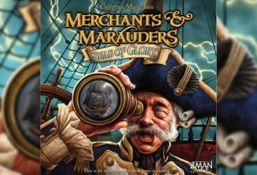 Merchants and Marauders Seas of Glory Expansion Cover Depicting Navy Captain looking through a telescope pointed at the viewer, with a pirate flag showing the reflection of the lens. 