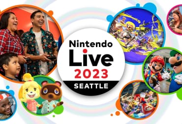 A header image for Nintendo Live 2023 showing people playing games, various Nintendo characters, and costumed mascots
