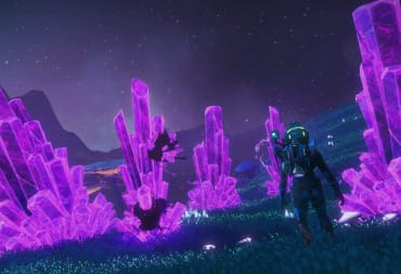 The player standing among giant purple crystals erupting from the ground in the No Man's Sky Interceptor update