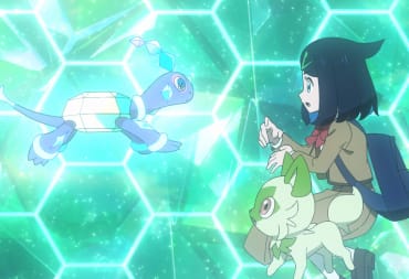 A cute new turtle Pokemon related to the legendary Terapagos in the upcoming Pokemon Scarlet and Violet DLC, here represented in the anime