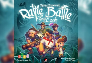 Rattle, Battle, Grab the Loot Board Game COver Depicting Various cartoon pirate characters gathered together and looking at the viewer with a blue background. 