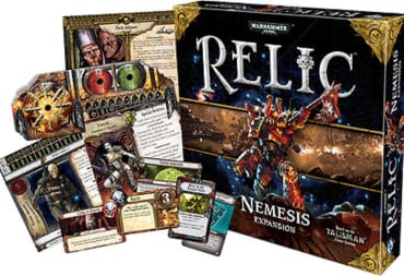 Relic Board Game Cover and Contents depicting many cards, dice and art showing a grim space marine character facing the viewer