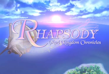 Key art and the logo for Rhapsody: Marl Kingdom Chronicles, depicting an airship flying over a serene landscape