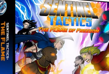 Sentinel Tactics Box Art depicting team of heroes facing down a team of villains