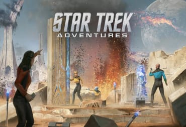 Artwork from Star Trek Adventures, featuring several Starfleet Officers on an alien planet with ships overhead