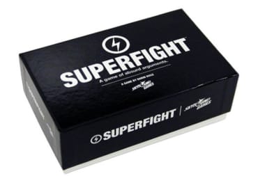 SuperFight Card Game Box With a Simple Black Colour scheme, title of the game in sans-serif font and a tiny logo of a thunderbolt above the title. 