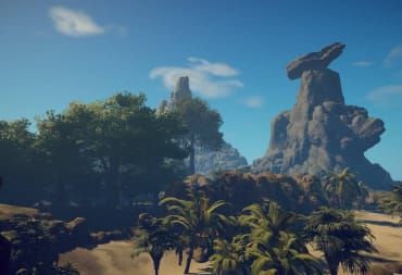 Survival: Fountain of Youth Bird Region Walkthrough - Cover Image Beach with Trees and a Big Rock on a Mountain in the Distance