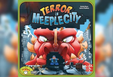 Terror in Meeple City Board Game Cover depicting a cartoon dragon-like monster towering over a tiny meeple-person 