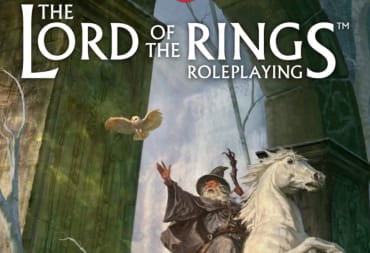 Image of a grey-clad wizard riding a white horse through a gate while reaching out towards an owl. The worlds "The Lord of the Rings Roleplaying" are written across the top