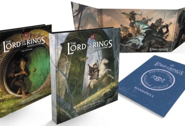 Promo image of books for The Lord of the Rings Roleplaying, featuring artwork of Gandalf and Bilbo Baggins