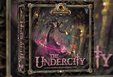 Board Game Cover art showing a strange evil humanoid creature towering over two cowering figures, with the large evil figure surrounded by glowing purple light. 