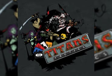 board game cover art depicting highly styalized fantasy archetypes in the style of Mike Mignola with a grey background and the title Titans Tactics written across a scroll int he bottom-right side. 