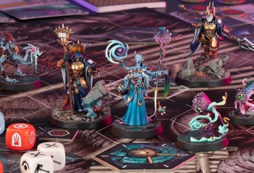 A board set up with miniatures and dice for Warhammer Underworlds