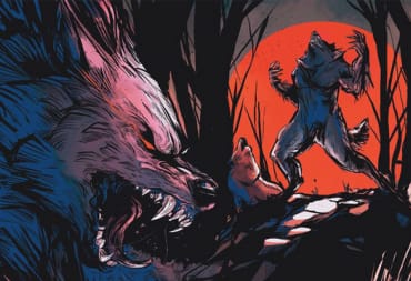 Official artwork in the core rulebook of Werewolf: The Apocalypse Fifth Edition, depicting werewolves under a red full moon.