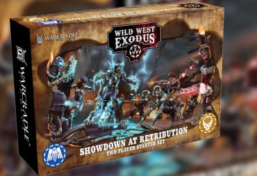 A board game box with cover art that depicts various stereotypical "Wild-West" character using steampunk technology they normally wouldn't have. 