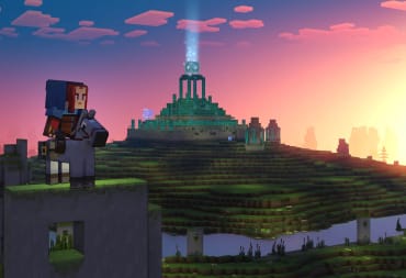 A blocky figure looking out over a blocky landscape in Minecraft Legends, one of the games coming to Xbox Game Pass in April 2023