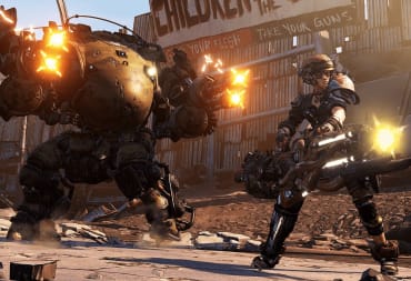 Borderlands 3 screenshot showing a mech/robot firing chain-guns wildly behind Moz taking up the foreground on the right. 