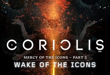 The title for Coriolis: Wake of the Icons, placed over a humanoid looking outlne lit by an orange glow.