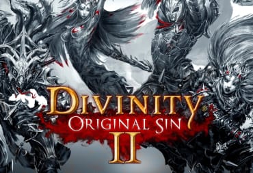 Artwork depicting several fantasy archetypes engaged in violent combat with only black, white and red colours visible. The art is in the style of ink-drawings, with the splashes of red to represent blood. Across the image the title "Divinity Original Sin II" is written. 