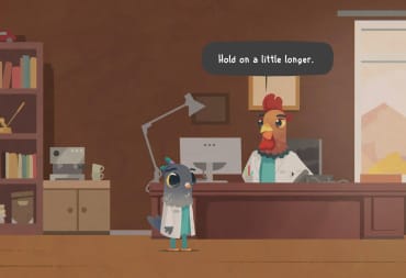 Finley, the protagonist of Fall of Porcupine, being told to wait a little longer by a chicken healthcare professional