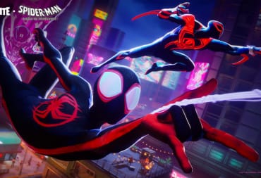 Miles Morales and Spider-Man 2099 swinging through a city in the Fortnite Spider-Man collab