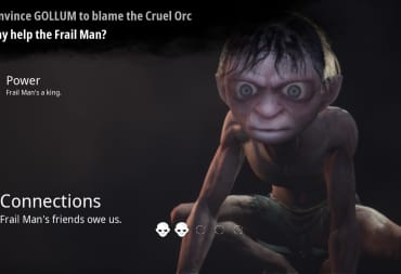Gollum screenshot showing Gollum staring at the screen with white text to the left.  
