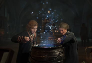 Two students mixing a substance in a cauldron in Hogwarts Legacy