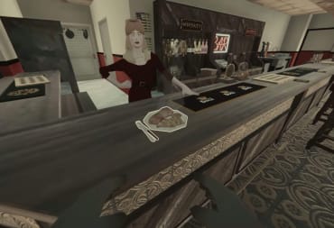 The player staring at a plate of fish and chips while a bartender looks on in Landlord's Super