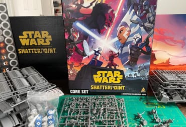 An image of the box and contents of Star Wars Shatterpoint, a new skirmish board game featuring lots of gray plastic sprues.