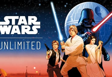Official artwork for Star Wars: Unlimited, featuring Luke, Han, Leia, and Darth Vader posing on the sands of Tatooine.