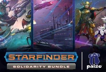 The artwork and logo for the Starfinder Solidarity bundle, featuring aliens, starships, and warriors with spears