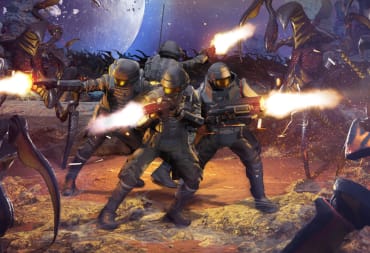 Troopers blasting at bugs in the key art for Starship Troopers: Extermination