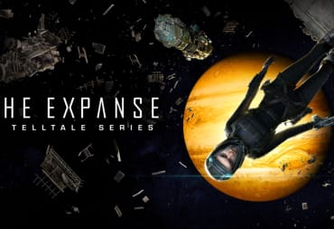 Official poster artwork for The Expanse: A Telltale Series, featuring Carmina Drummer in a spacesuit floating around debris