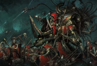 Artwork from Warhammer 40k 10th Edition Adepticus Mechanicus army, showing several robed tech priests with armored vehicles in the background