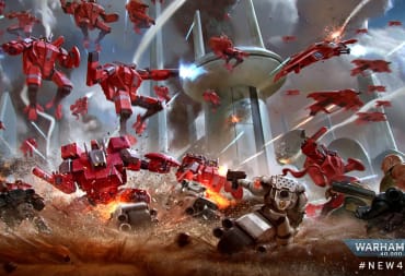 Official artwork of the Warhammer 40k 10th Edition Tau army, showing multiple Tau in mechsuits on a battlefield launching an assault.