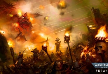 Artwork of Warhammer 40k 10th Edition World Eaters, featuring a group of faceless soldiers marching with a giant demon on a burnt orange battlefield