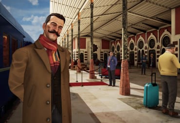 Hercule Poirot looking officious in a train station in Agatha Christie - Murder on the Orient Express