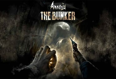 artwork depicting a pair of hands holding an old-fashioned torch and a revolver in a dark corridor. At the end of the corridor a monster is silhouetted in the light and the words "Amnesia: the BUnker" are written at the top of the image. 