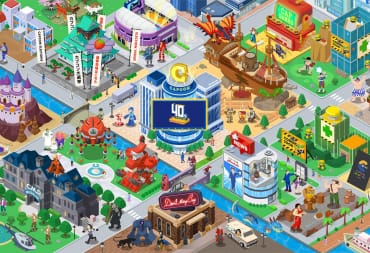 Many Capcom franchises represented as a cute, bustling town in the Capcom Town 40th anniversary website