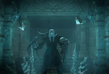 Diablo 3 Screenshot showing a magic user standing in a very blue room. 