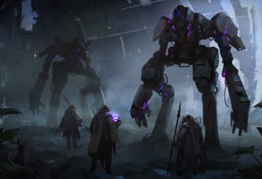 Official artwork from Dreams and Machines, featuring a group of scavengers and a group of mechs charged with purple energy.
